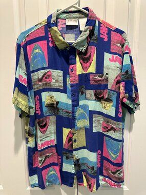 Universal Jaws Movie Retro Neon All Over Print Rayon Button Down Shirt Large